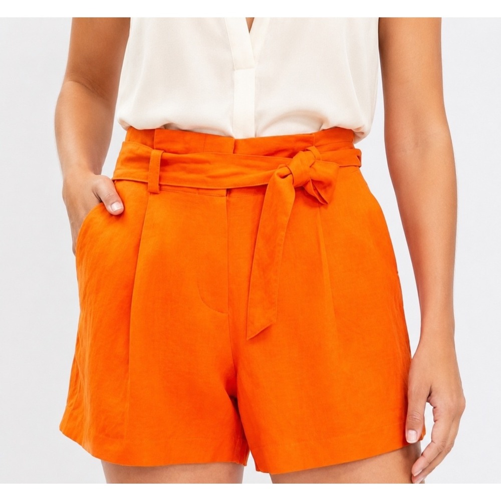 LOFT Paperbag Waist Shorts Womens XL Orange Excellent Linen Blend Tie Belt High